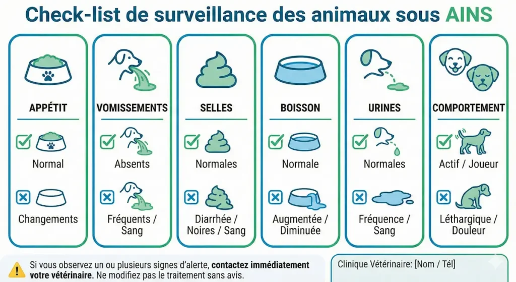 Check-list des symptômes de l’intolérance aux anti-inflammatoires non stéroïdiens chez l’animal : appétit, vomissements, selles, boisson, urines et comportement.