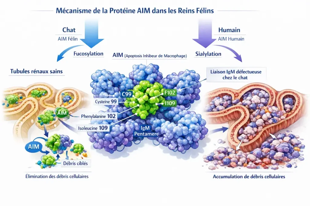Infographie montrant le mécanisme d’action de la protéine AIM dans les reins félins et humains, avec comparaison des tubules rénaux et de la liaison à l’IgM.