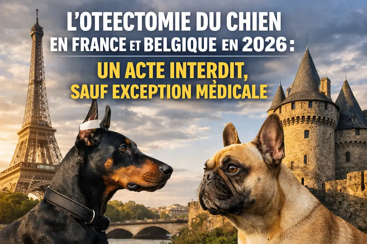 Illustration montrant deux chiens face à face avec le texte indiquant que l’otectomie du chien est interdite en France et en Belgique en 2026, sauf exception médicale.