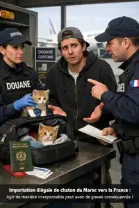 Contrôle douanier montrant des agents français interceptant un voyageur avec des chatons transportés illégalement du Maroc vers la France à l’aéroport.