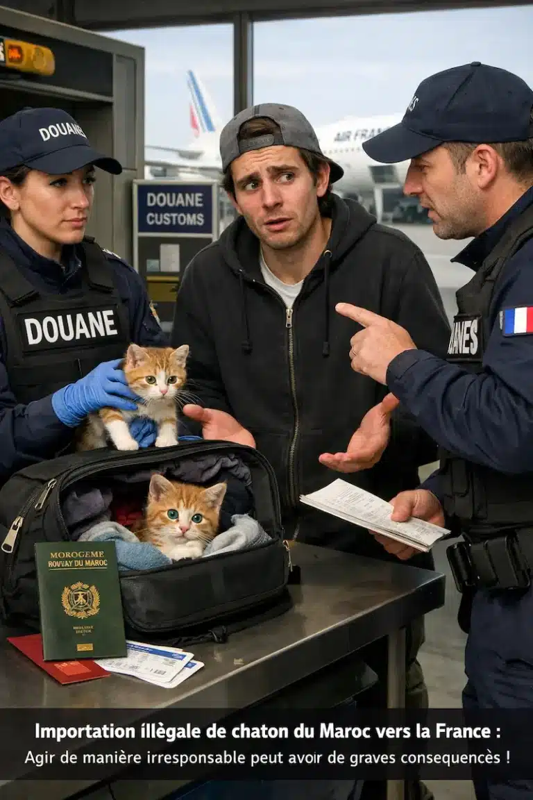 Contrôle douanier montrant des agents français interceptant un voyageur avec des chatons transportés illégalement du Maroc vers la France à l’aéroport.