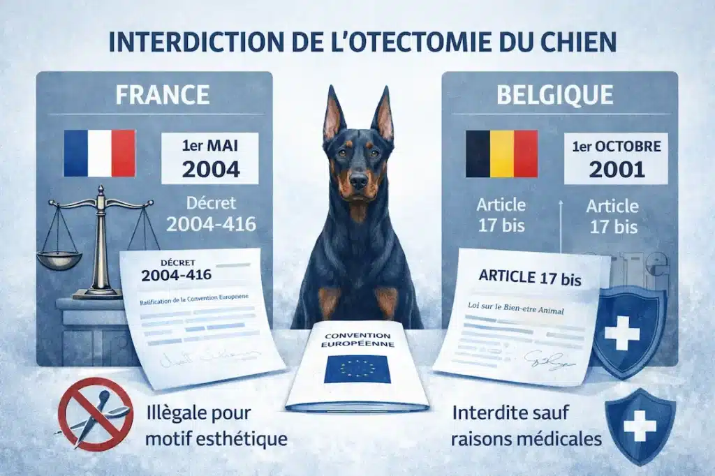 Infographie sur l’otectomie du chien en France et en Belgique indiquant les dates d’interdiction, les références légales et les exceptions médicales.