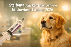 Chien assis à côté d’une seringue Stelfonta, traitement injectable du mastocytome canin.