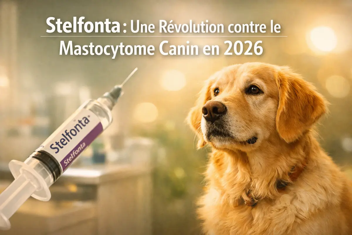Chien assis à côté d’une seringue Stelfonta, traitement injectable du mastocytome canin.