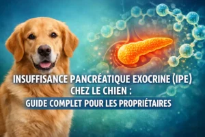 Infographie montrant un chien et une illustration du pancréas, associée à l’insuffisance pancréatique exocrine chez le chien.