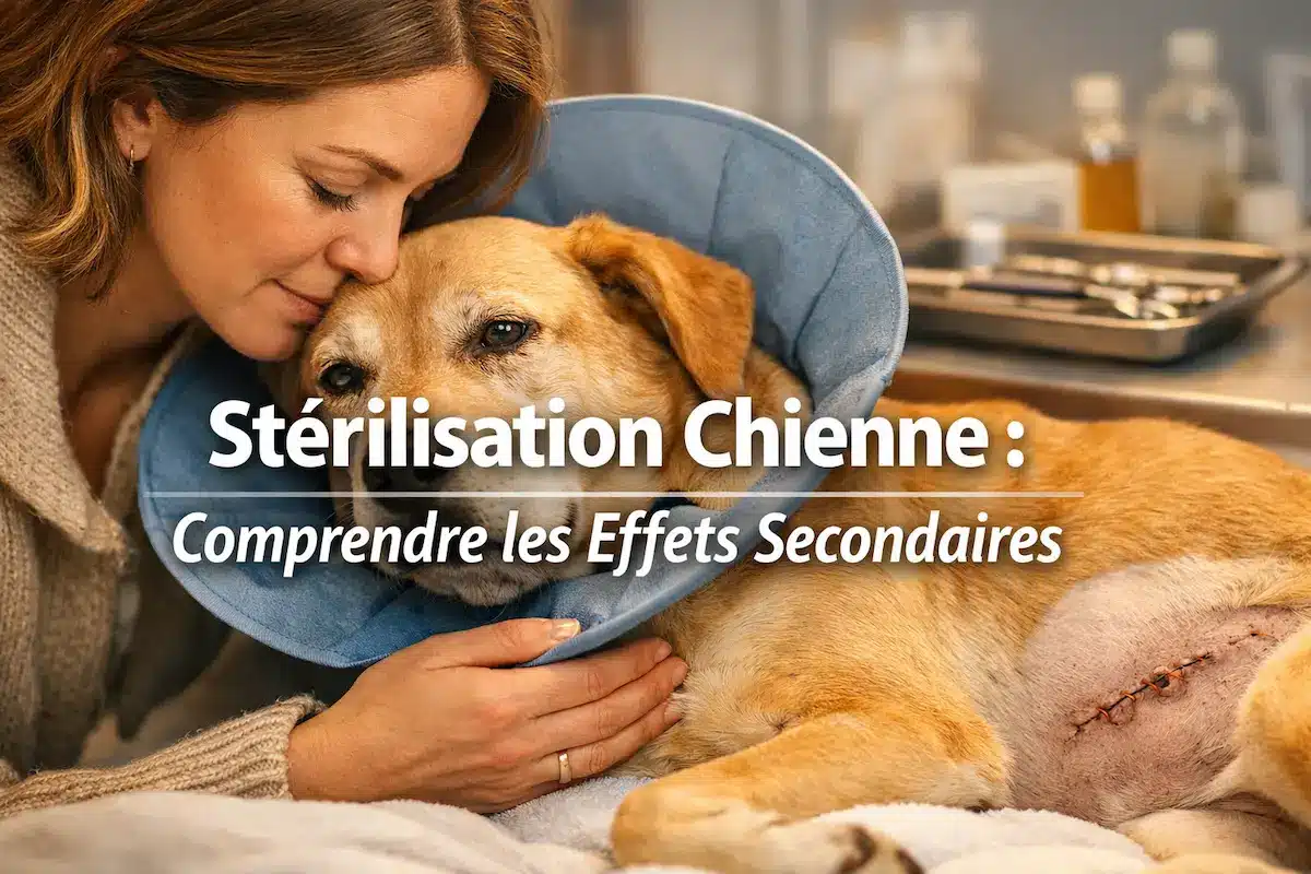 Chienne stérilisée portant une collerette après une opération, avec une cicatrice visible, illustrant les inconvénients de la stérilisation de la chienne.