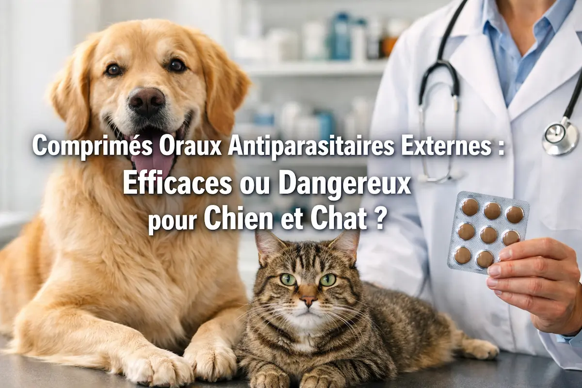 Vétérinaire présentant des comprimés oraux antiparasitaires externes avec un chien et un chat en consultation