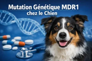 Illustration sur la mutation génétique MDR1 chez le chien, montrant un chien avec des médicaments, un stéthoscope et un schéma d’ADN en arrière-plan.