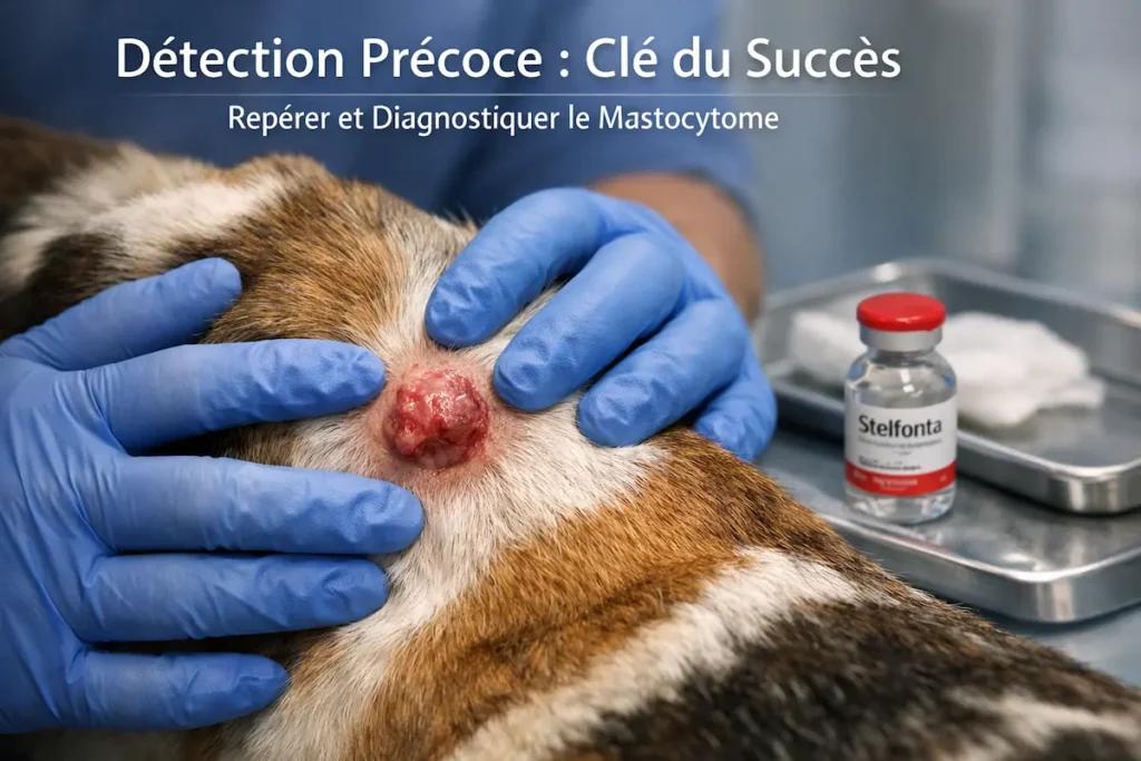 Mastocytome canin visible sur la peau d’un chien, examiné par un vétérinaire portant des gants.