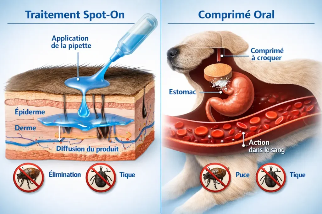 Comparaison entre pipette spot-on et comprimés antiparasitaires externes montrant leur mode d’action chez le chien