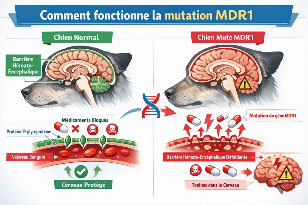 Schéma comparatif montrant les conséquences de la mutation MDR1 (ABCB1) chez le chien, avec une barrière hémato-encéphalique normale et défaillante.