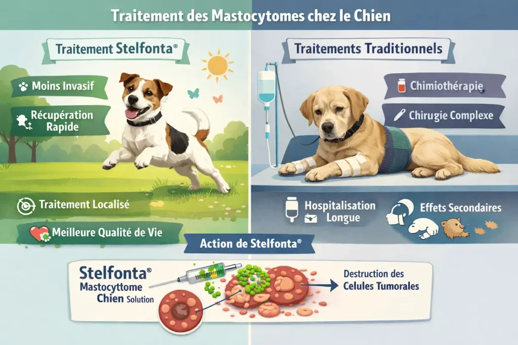 Infographie comparant le traitement du mastocytome chez le chien avec Stelfonta et les traitements traditionnels.