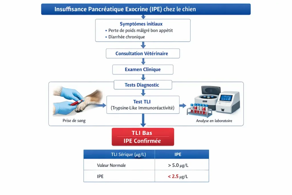 Infographie décrivant le diagnostic IPE chez le chien, avec symptômes initiaux, consultation vétérinaire et test TLI par prise de sang.