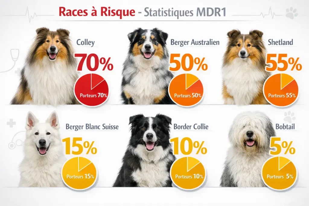 Infographie présentant les races à risque de mutation MDR1 chez le chien avec les pourcentages de porteurs par race.
