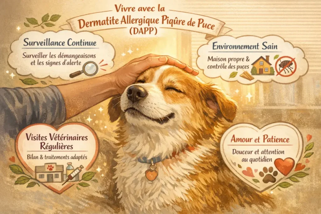 Illustration montrant la prévention de la DAPP chez le chien, avec soins quotidiens, environnement sain, surveillance et suivi vétérinaire.