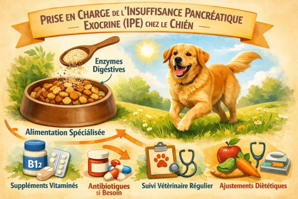 Infographie montrant la prise en charge de l’insuffisance pancréatique exocrine chez le chien, avec enzymes digestives, alimentation adaptée et suivi vétérinaire.