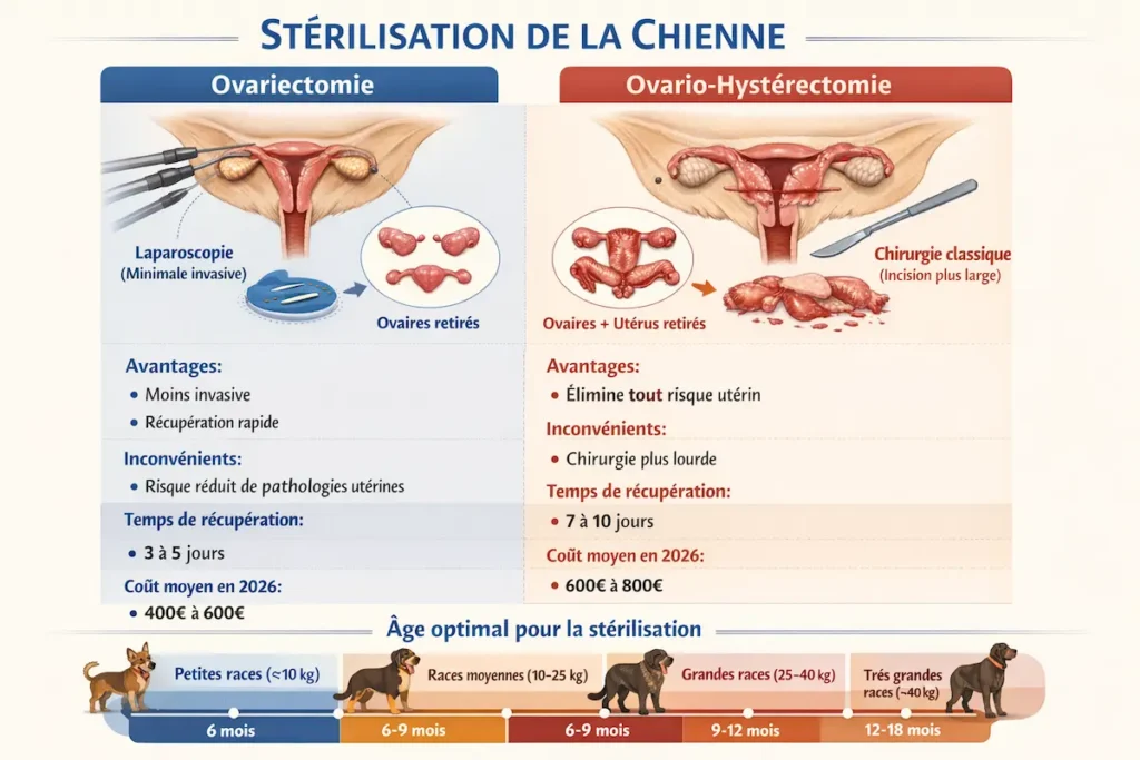 Infographie comparant les techniques de stérilisation de la chienne : ovariectomie et ovario-hystérectomie.