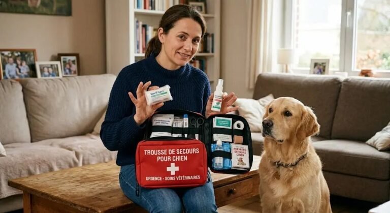 Trousse de secours pour chien et chat avec matériel de premiers soins présentée à côté d’un chien