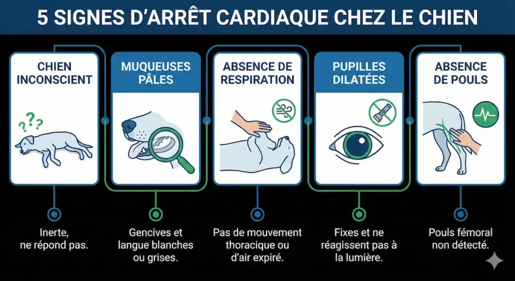 Infographie des signes d’arrêt cardiaque chez le chien avec absence de respiration, pouls et pupilles dilatées