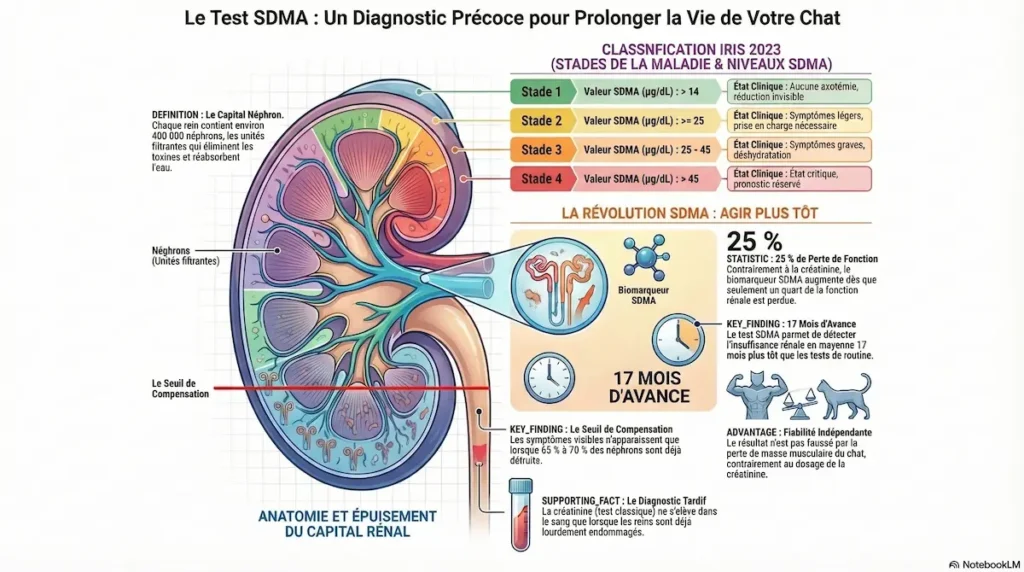 Infographie test SDMA montrant un rein en coupe, les néphrons et la classification IRIS des stades de maladie rénale.
