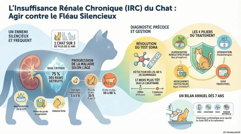 Infographie expliquant l’insuffisance rénale chronique du chat, ses signes, le test SDMA et les principes de traitement.
