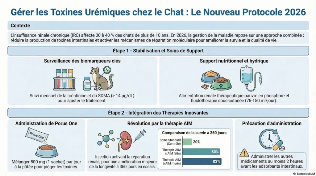 Infographie expliquant la gestion des toxines urémiques chez le chat avec protocole incluant surveillance des biomarqueurs, support nutritionnel, Porus One et thérapie AIM.
