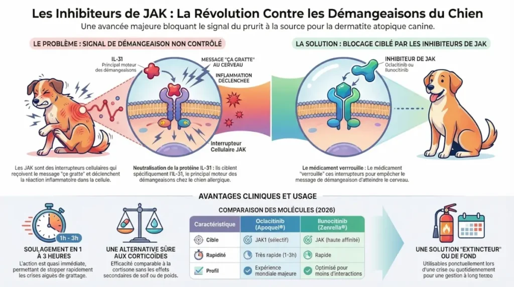 Infographie sur les inhibiteurs de Janus Kinase (JAK) chez le chien : mécanisme de blocage de l'IL-31, comparaison oclacitinib (Apoquel) vs ilunocitinib (Zenrelia) et avantages cliniques pour la dermatite atopique canine.