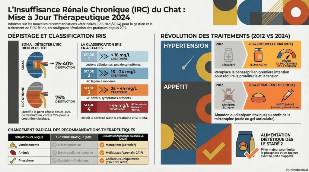 Infographie sur les traitements de l’IRC du chat montrant dépistage SDMA, classification IRIS en quatre stades et évolution des traitements vétérinaires entre 2012 et 2024.