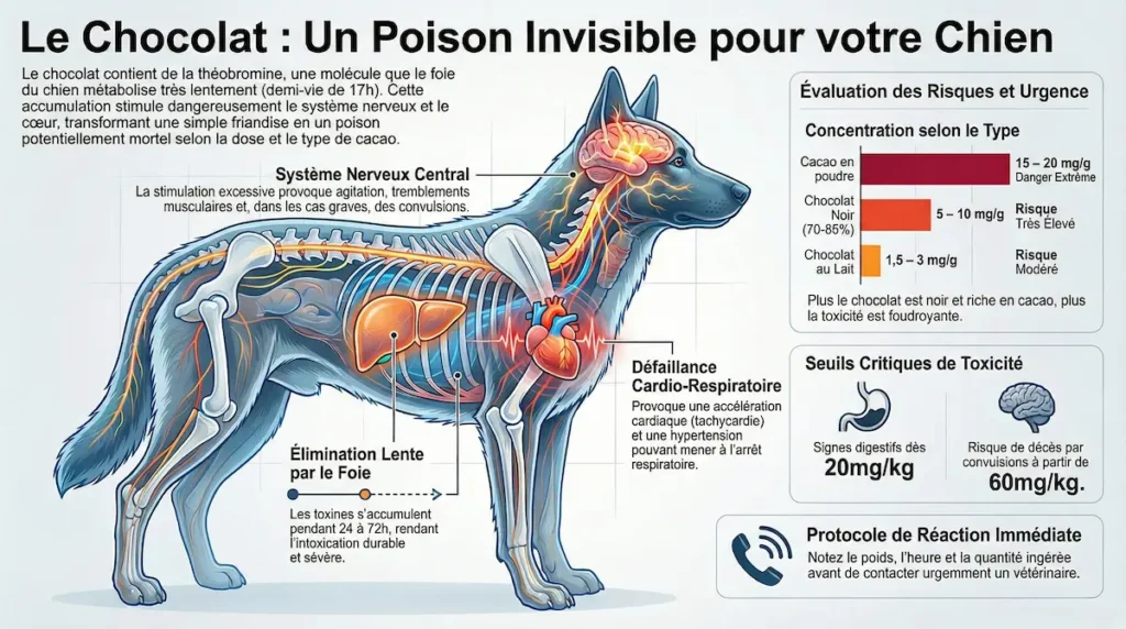 Infographie toxicité chocolat chien montrant les effets de la théobromine sur le système nerveux, le cœur et le foie.