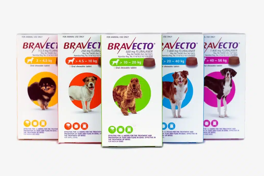Boîtes de comprimés Bravecto pour chiens avec différents dosages selon le poids