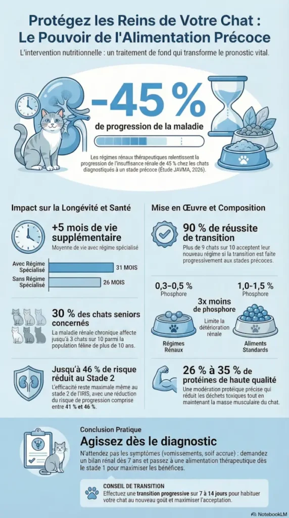 Régimes rénaux pour IRC chat montrant une réduction de 45 % de la progression de la maladie avec alimentation précoce