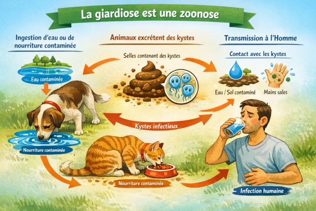 Infographie du cycle zoonotique de la giardiose montrant contamination par eau ou nourriture, excrétion de kystes chez chien et chat et transmission à l’homme.