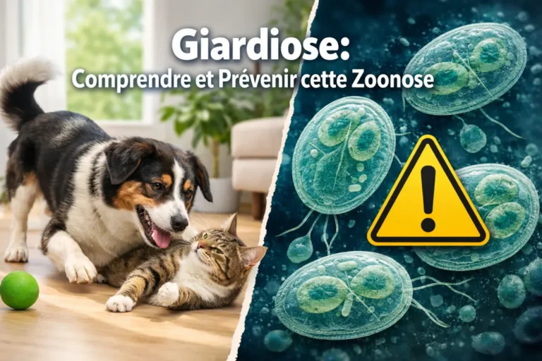 Image illustrant la giardiose comme zoonose avec un chien et un chat en contact et des parasites Giardia accompagnés d’un symbole d’alerte.