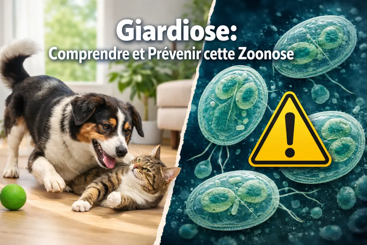 Image illustrant la giardiose comme zoonose avec un chien et un chat en contact et des parasites Giardia accompagnés d’un symbole d’alerte.