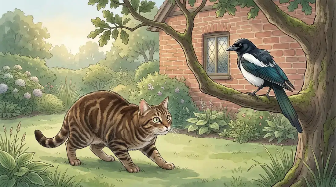 Chat en position de chasse observant un oiseau sur une branche dans un jardin