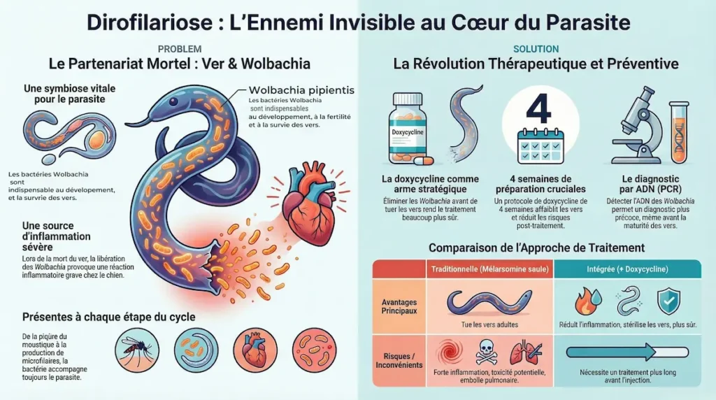 Infographie Wolbachia dirofilariose expliquant le rôle de Wolbachia, les mécanismes inflammatoires et les approches thérapeutiques et diagnostiques.