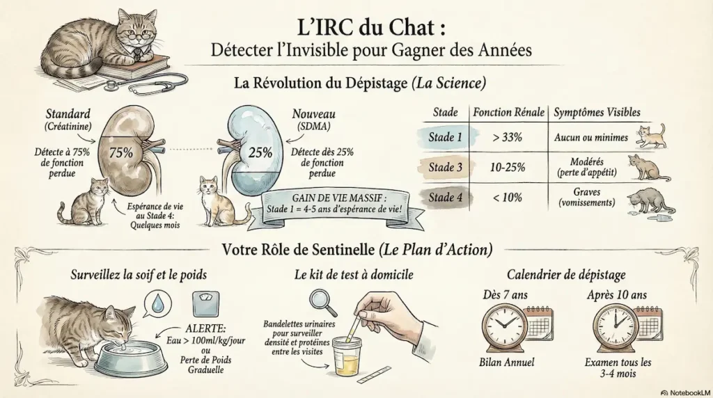 Infographie détection précoce IRC du chat montrant le rôle du SDMA, les stades de la maladie et les recommandations de dépistage.