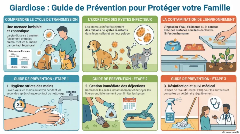 Infographie guide de prévention de la giardiose montrant cycle de transmission, excrétion des kystes, contamination environnementale et mesures d’hygiène chez chien, chat et humain.