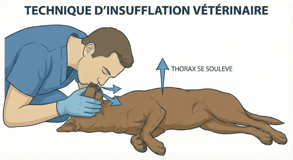 Illustration de l’insufflation chez le chien avec respiration artificielle et soulèvement du thorax