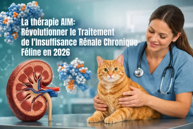 thérapie AIM traitement insuffisance rénale chronique féline vétérinaire examinant un chat avec illustration du rein