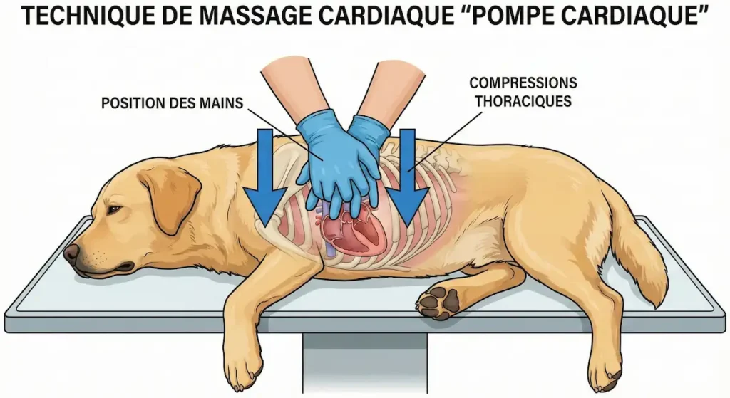 Illustration du massage cardiaque chez le chien avec position des mains et compressions thoraciques