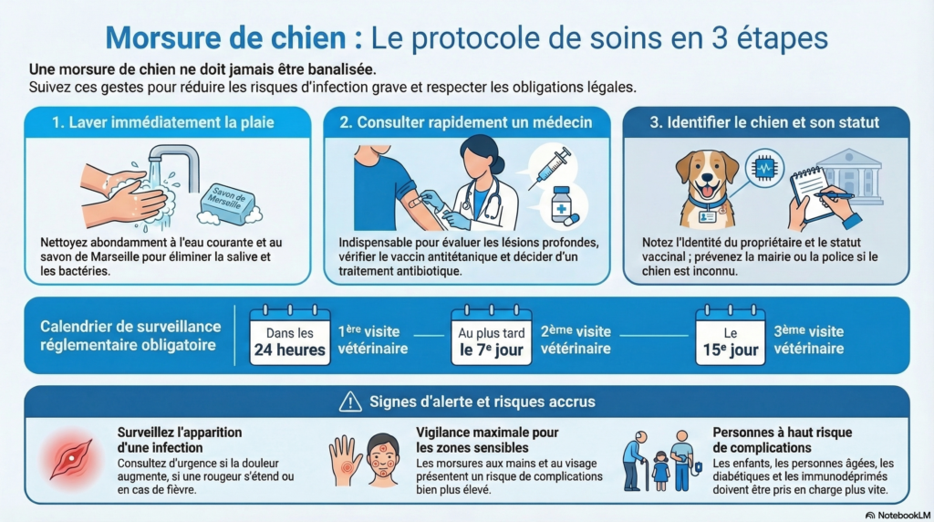 Infographie sur la morsure de chien : protocole en 3 étapes pour la personne mordue, lavage de la plaie, consultation médicale et identification du chien.