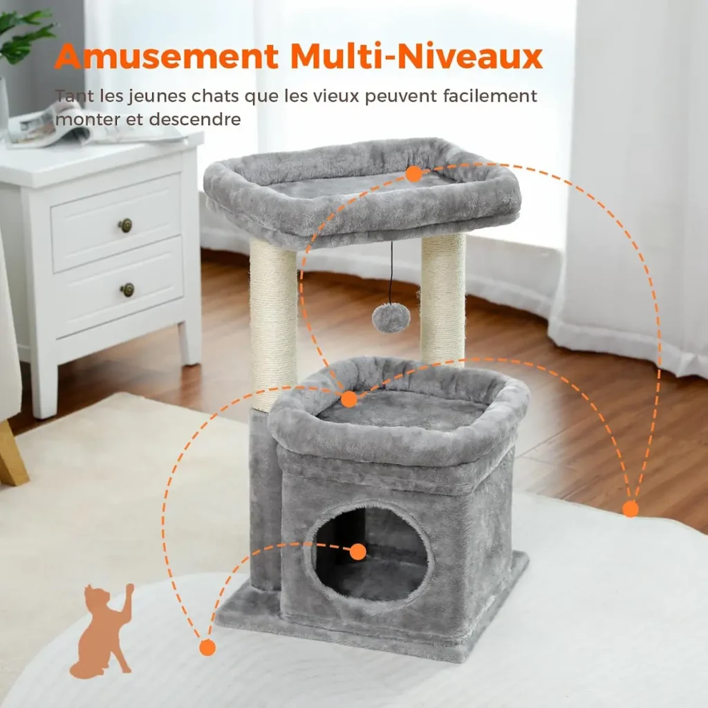 Arbre à chat PAWZ Road gris à plusieurs niveaux avec niche fermée, plateforme rembourrée et poteaux griffoirs en sisal.