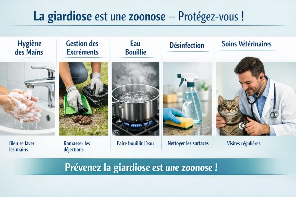 Infographie sur la prévention de la zoonose giardiose montrant lavage des mains, gestion des excréments, eau bouillie, désinfection et soins vétérinaires chez le chat.