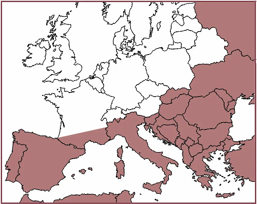 Carte de l’Europe montrant la répartition géographique de la dirofilariose avec des zones colorées selon les régions concernées.