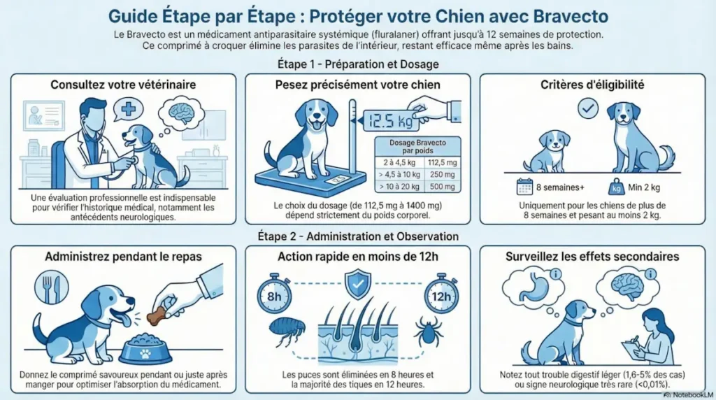 Infographie sur l’utilisation de Bravecto chez le chien avec étapes de préparation, dosage, administration, action rapide et surveillance