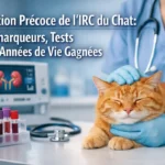 Détection précoce IRC du chat avec vétérinaire examinant un chat et tubes de prélèvement sanguin pour biomarqueurs.