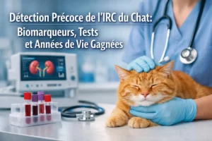 Détection précoce IRC du chat avec vétérinaire examinant un chat et tubes de prélèvement sanguin pour biomarqueurs.
