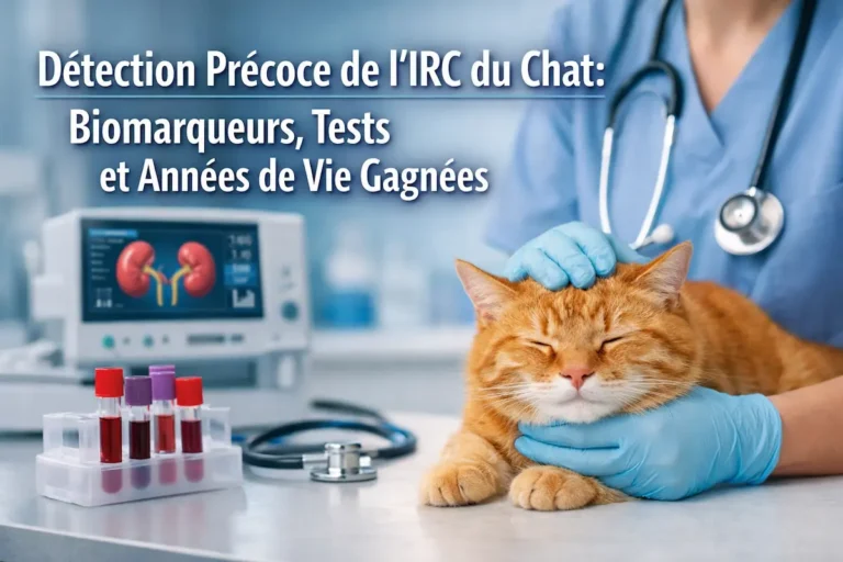 Détection précoce IRC du chat avec vétérinaire examinant un chat et tubes de prélèvement sanguin pour biomarqueurs.