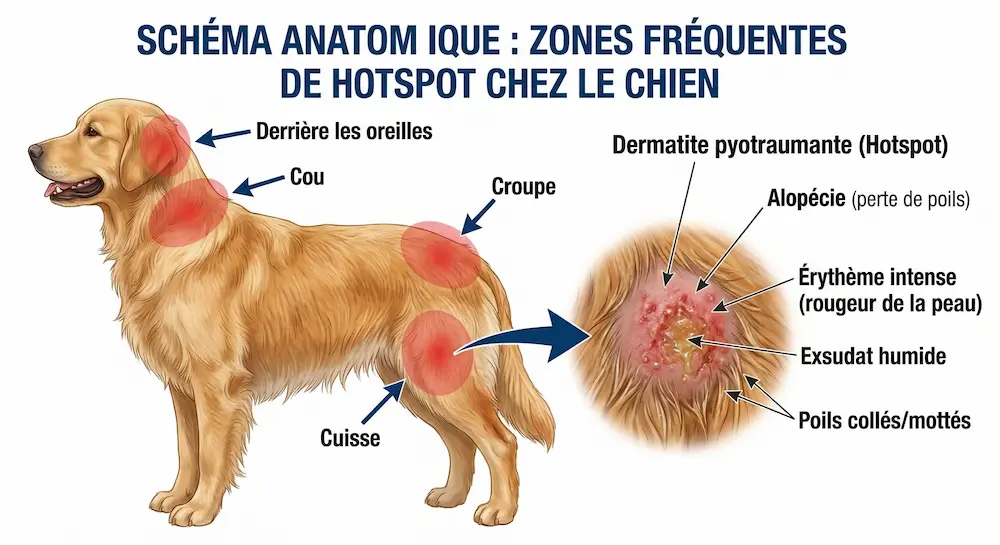 zones hotspot chez le chien schema dermatite pyotraumatique localisation lesions peau chien